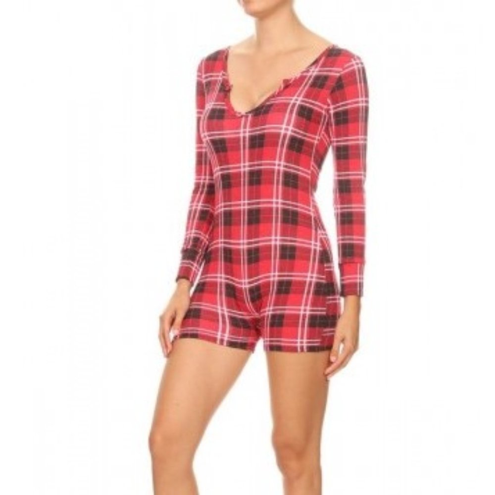 NWT- Long Sleeve Plaid Romper